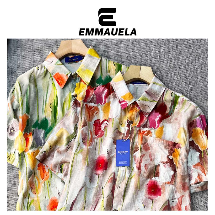 シャツ 半袖 EU製 Emmauela ミラノ発 リネン混 ソフト 薄手 速乾 爽やか 花柄 アロハ トップス 開襟 ライトアウター カジュアル 海 旅行 リゾート 夏 | ブランド登録なし | 02