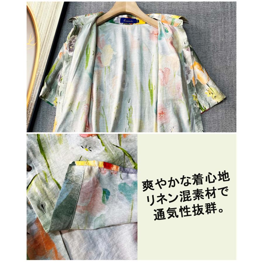 シャツ 半袖 EU製 Emmauela ミラノ発 リネン混 ソフト 薄手 速乾 爽やか 花柄 アロハ トップス 開襟 ライトアウター カジュアル 海 旅行 リゾート 夏 | ブランド登録なし | 06