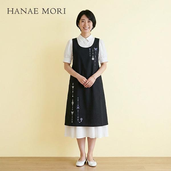 美品 HANAE MORI ハナエモリ ロングワンピース 黒 リボン 日本製 HANAE MORI（ハナエモリ） 森英恵 エプロン ブランド 袖なし割烹着