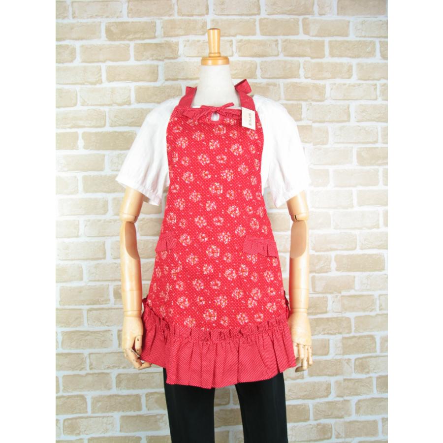 エプロン フリル 赤色 かわいい ドットブーケ柄 日本製 おしゃれ