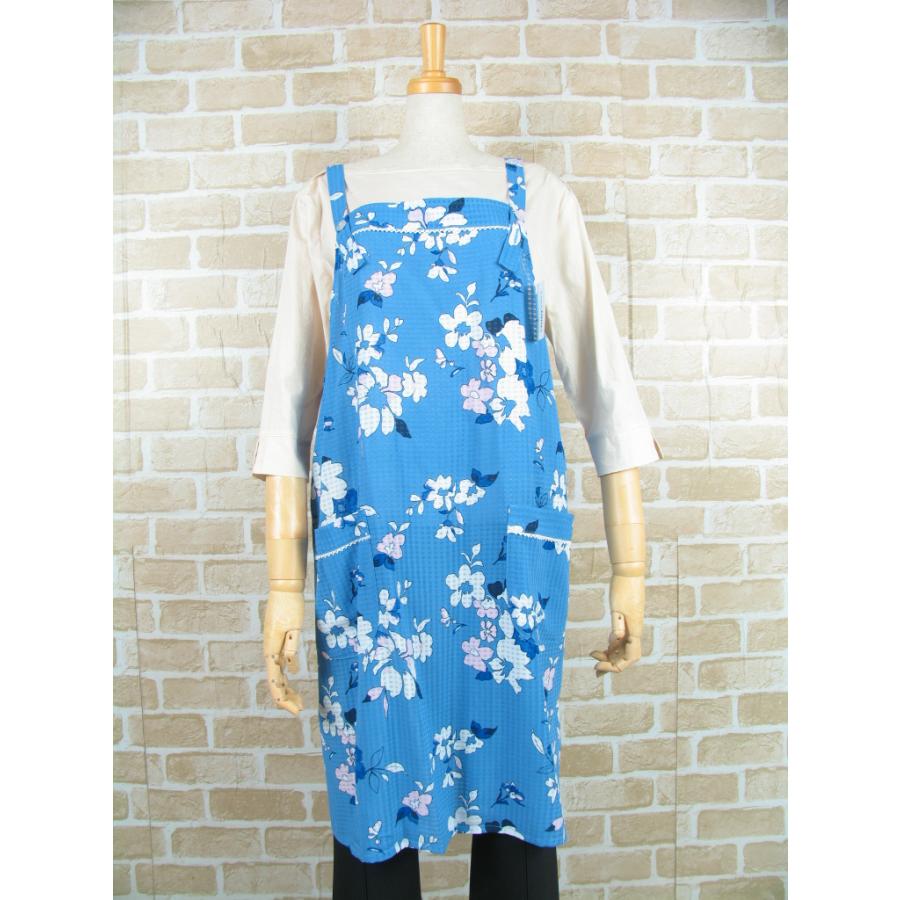 エプロンドレス おしゃれ ブルー色 花柄 薄地 シフォン格子 後ろボタン かわいい 爽やか 軽い 春
