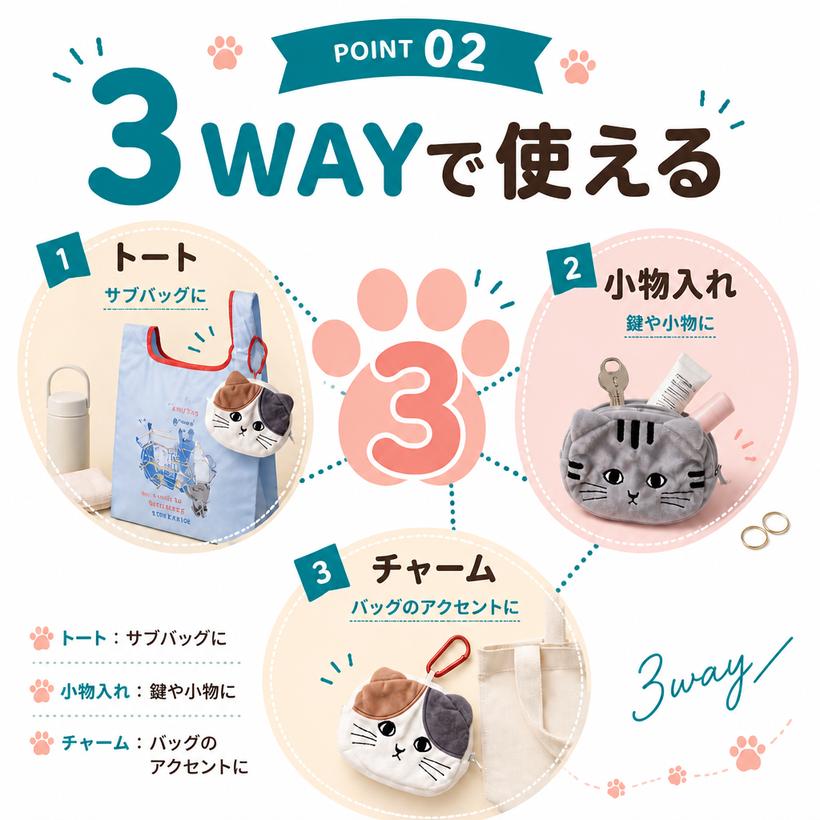 ねこ型トートinポーチ かわいい ネコチャーム キーホルダー エコバック