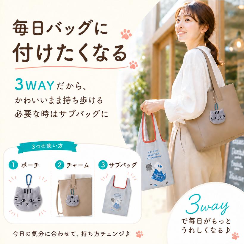 ねこ型トートinポーチ かわいい ネコチャーム キーホルダー エコバック
