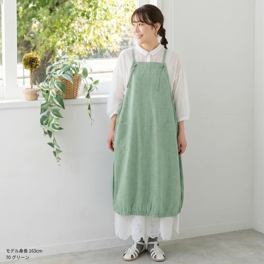 わたしのワンピース　エプロン　緑 裾バルーン デニム ワンピース エプロン ゆったり かぶり ロング 尻が