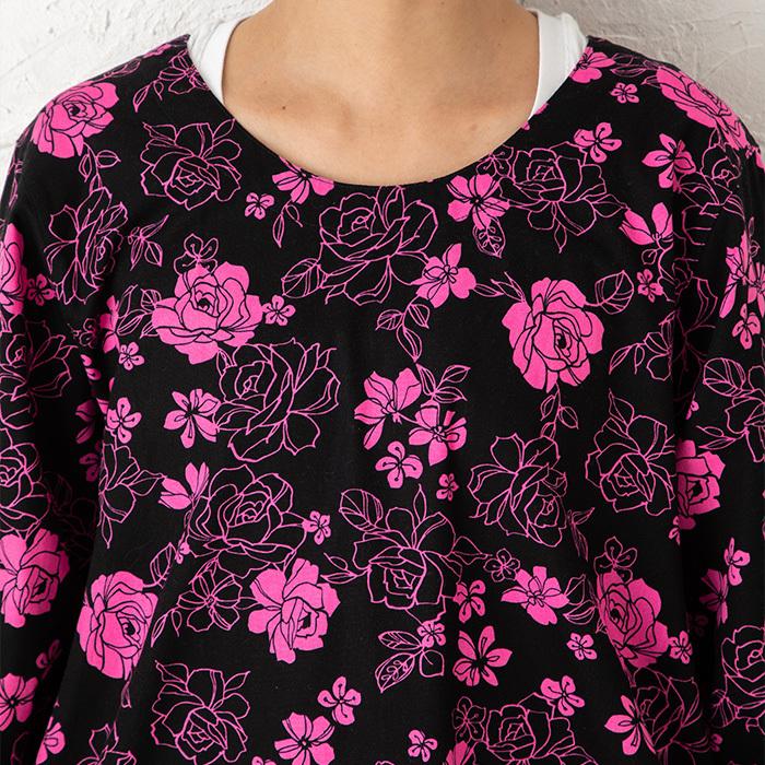 割ぽう着 ローズ柄Uネック割烹着 M−L fukg01 おしゃれ 花柄 薔薇 黒