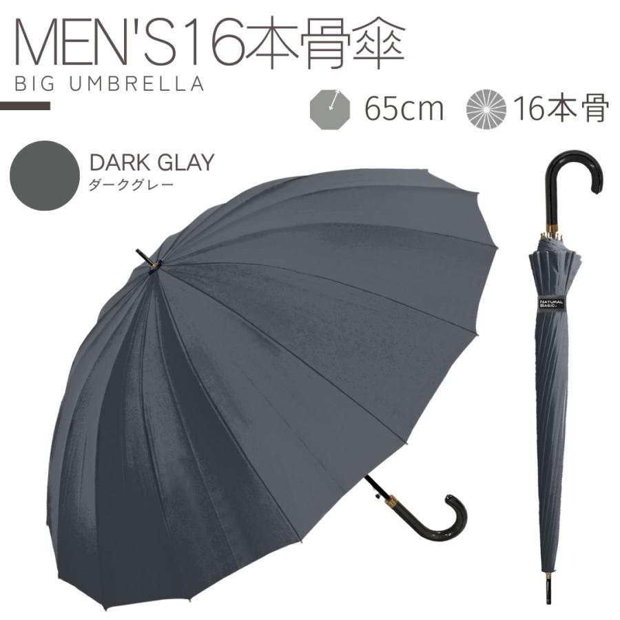NaturalBasic 中谷 16本骨 無地 シンプル 紳士傘 ワンタッチ式 親骨