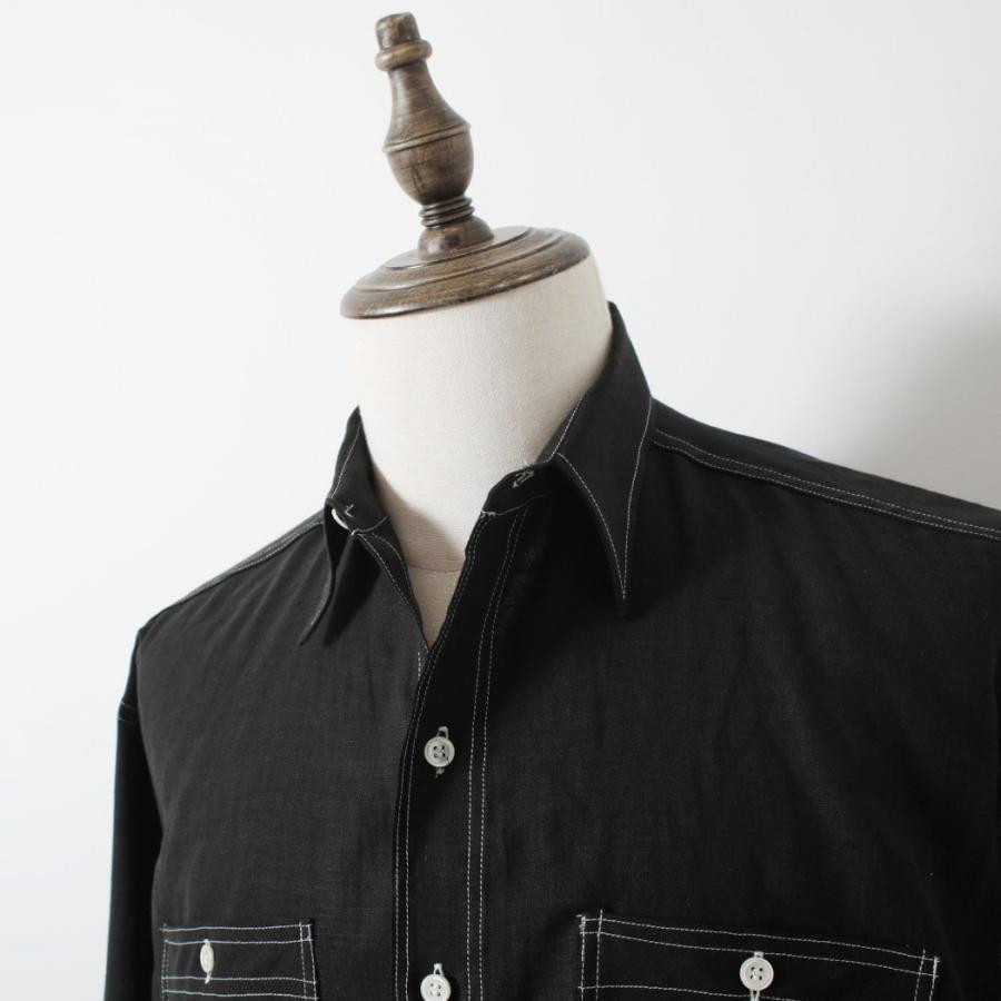 INTERIM インテリム ハイパービッグ リネン オックスフォード ミリタリー ワーク シャツ ブラック | INTERIM | 10