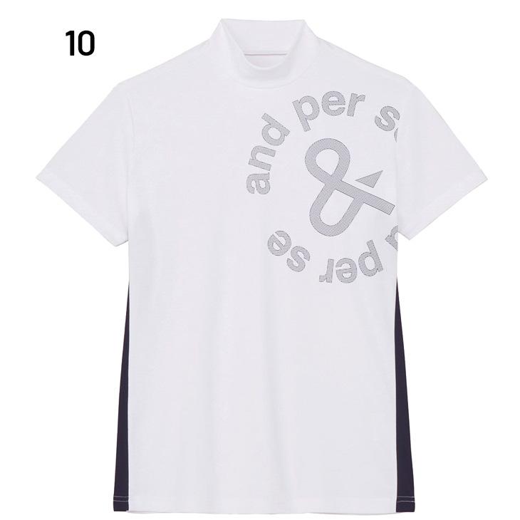 サイズ：L AND PER SE アンパスィ  異素材切替 モックネック半袖Tシャツ  ネイビー系 [240101499620] ゴルフウェア レディース ストスト サイズ：L AND PER SE アンパスィ 異素材切替 モックネック半袖T