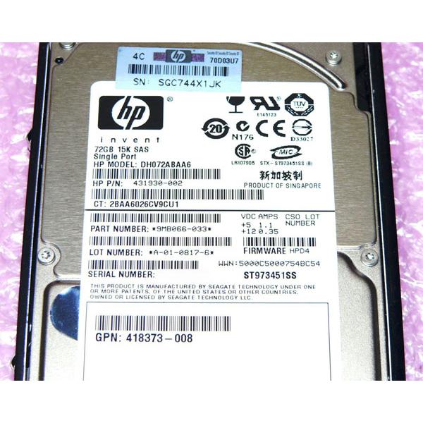 日本HP HP 431930-002(DH072ABAA6) SAS 72GB 15K 2.5インチ 中古 