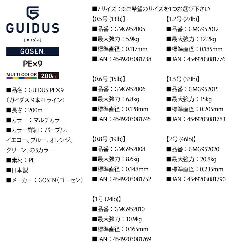 GOSEN（ゴーセン） PEライン ガイダス 9本編み 200m マルチカラー 0.5