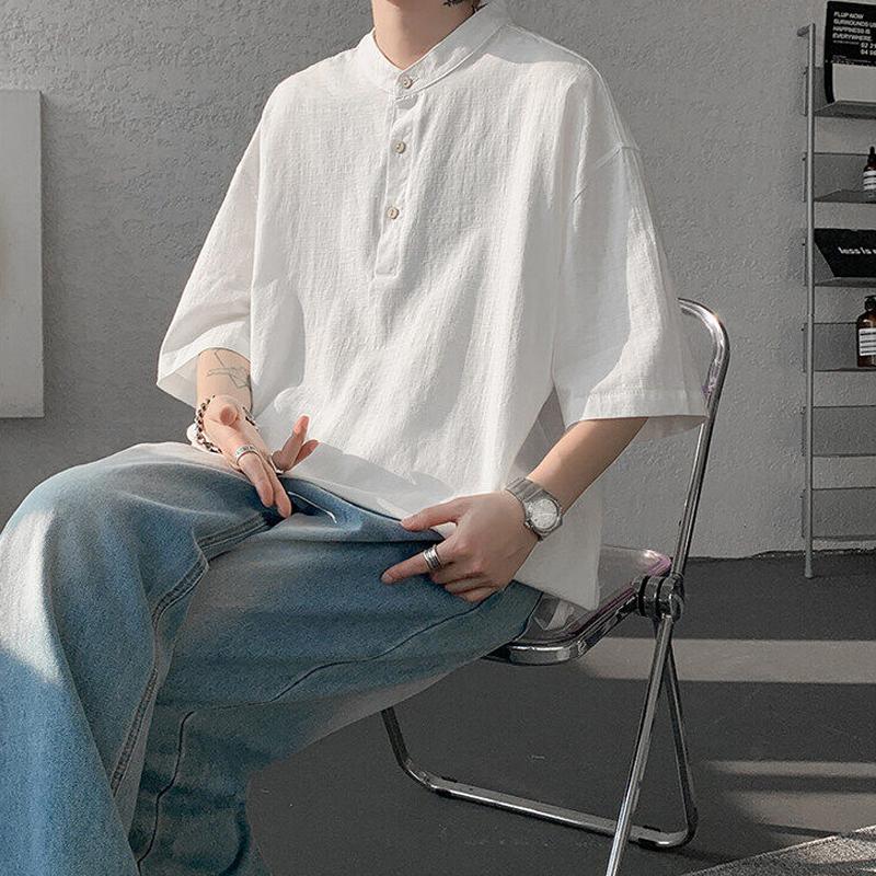 綿麻 Tシャツ ヘンリーネック 半袖 メンズ おしゃれ 大きいサイズ 5分