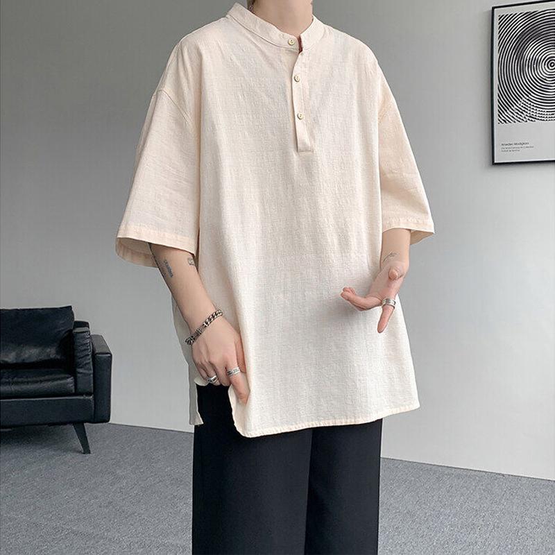綿麻 Tシャツ ヘンリーネック 半袖 メンズ おしゃれ 大きいサイズ 5分