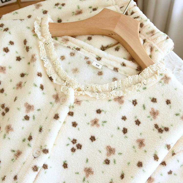 パジャマ レディース ルームウェア 冬 花柄 レース ふわふわ 上下