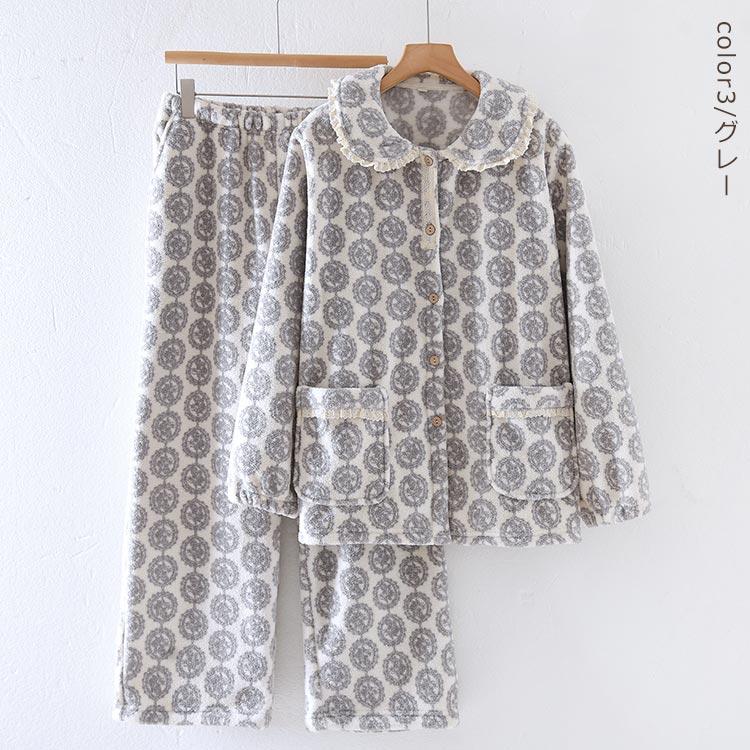 パジャマ レディース ルームウェア 冬 花柄 レース ふわふわ 上下