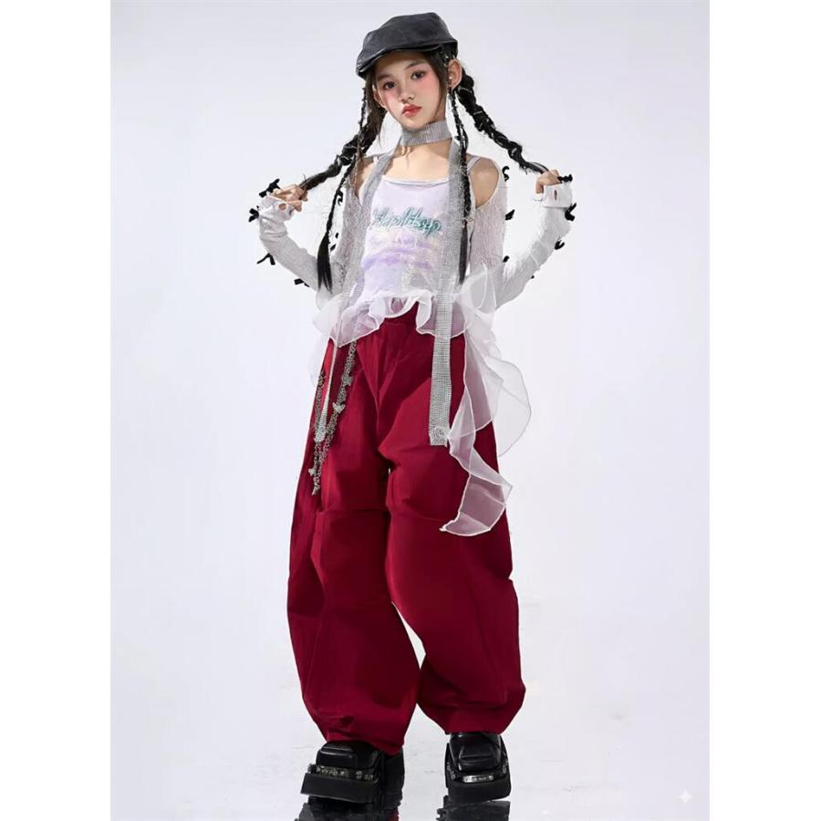 キッズ ダンス 衣装 赤 セットアップ 女の子 ヒップホップ 白 トップス