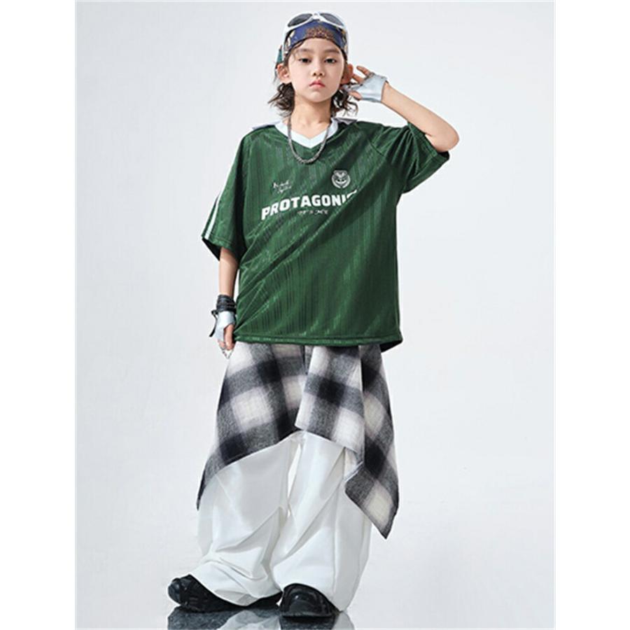 ダンス衣装 HIPHOP キッズ セットアップ 子供服 tシャツ 緑 ワイド