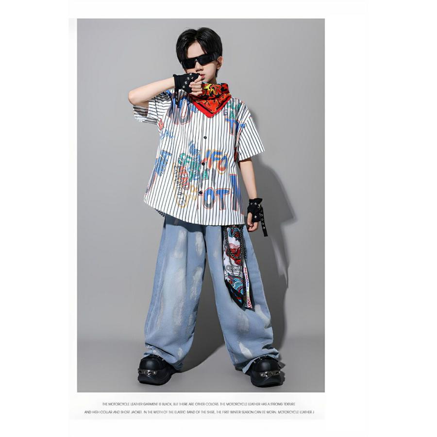 ベースボールシャツ キッズ ダンス 衣装 白 青 かっこいい 個性 韓国