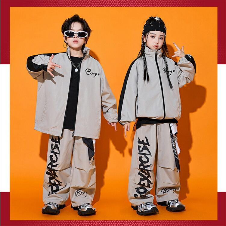 HIPHOP ダンス衣装 キッズ セットアップ 灰 ウィンドブレーカー 上下