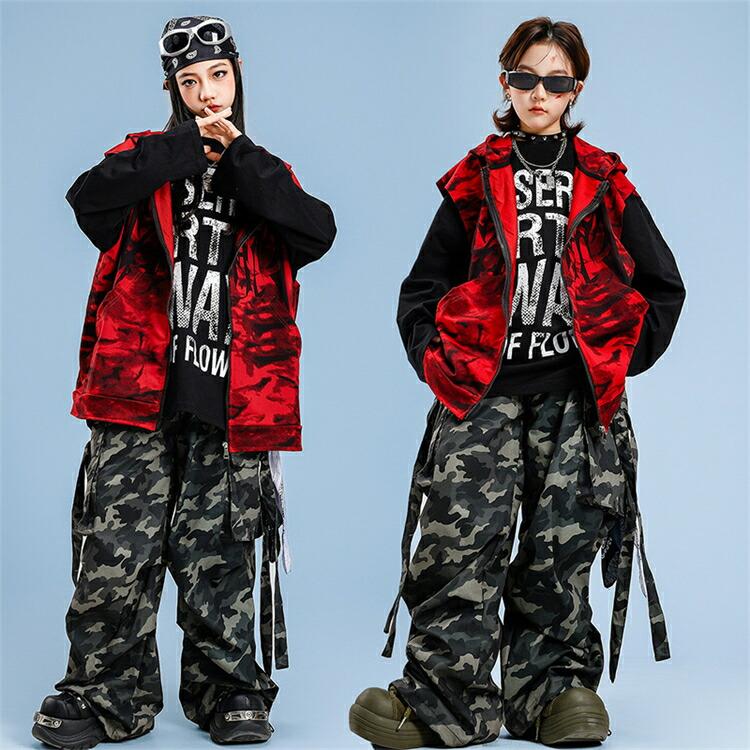 ダンス衣装 キッズ セットアップ HIPHOP 赤 フード付き ダイダイベスト