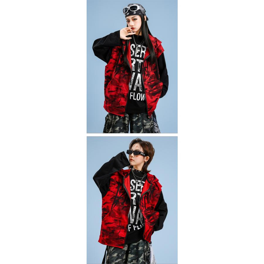 ダンス衣装 キッズ セットアップ HIPHOP 赤 フード付き ダイダイベスト