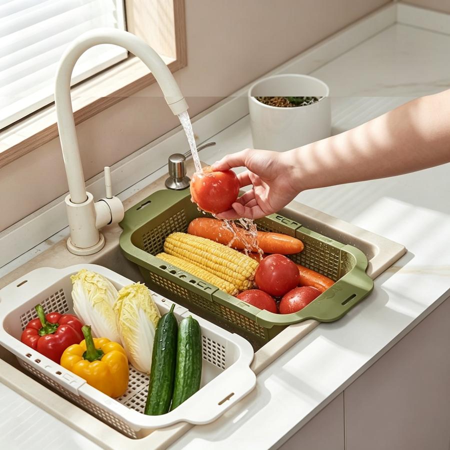 水切りラック 二段式 伸縮式 シンク上対応 水切りバスケット 野菜洗い