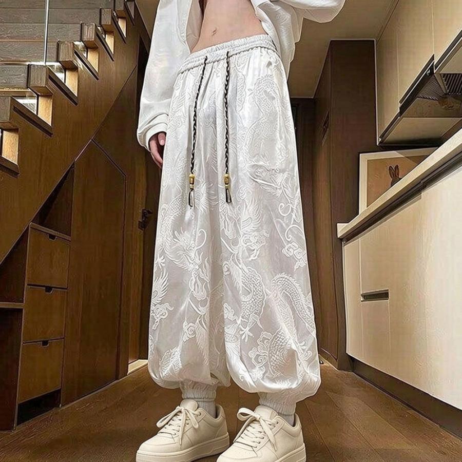美品 HOUSE OF LOUTS サルエルパンツ M ホワイト ゆったり メンズ 和柄 サルエルパンツ 夏用 接触冷感 龍刺繍 ゆったり ウエスト