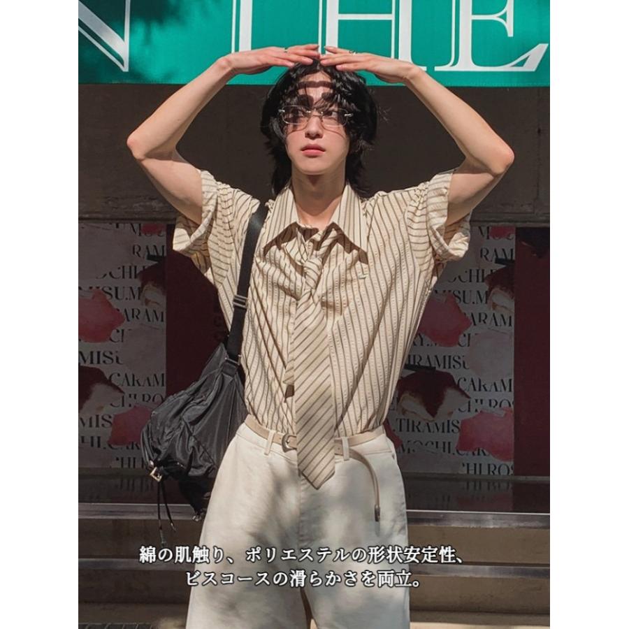 メンズ 半袖シャツ ストライプ ネクタイ付き ビッグシルエット