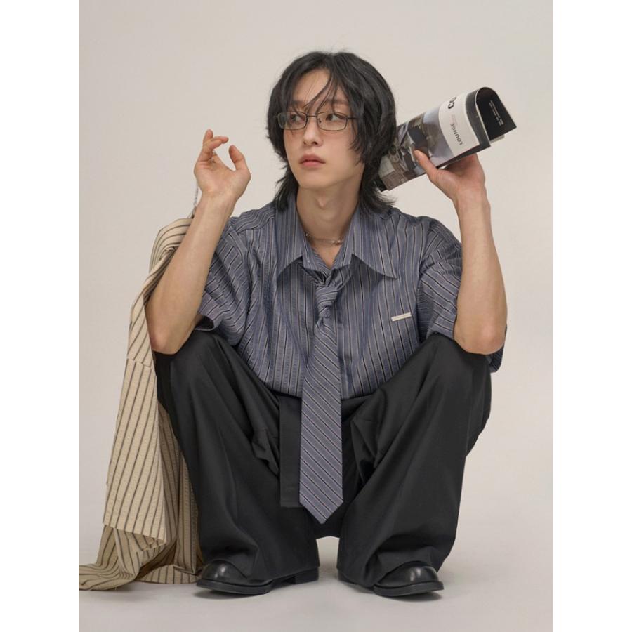 メンズ 半袖シャツ ストライプ ネクタイ付き ビッグシルエット