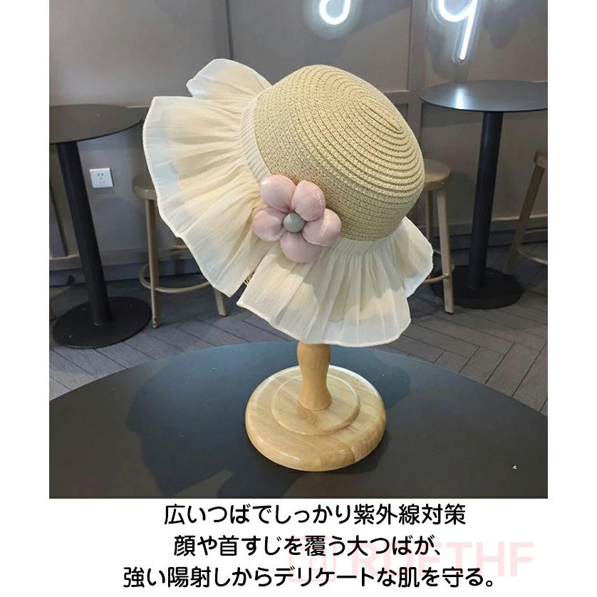 麦わら帽子 キッズ 女の子 2点セット ポシェット付き つば広 UVカット