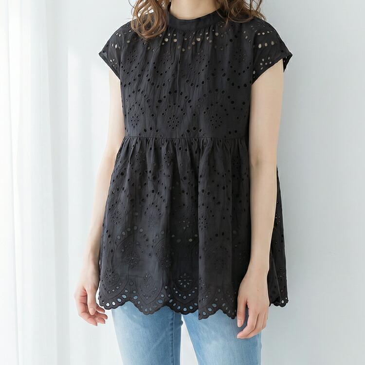 ブラウス レディース 半袖 刺繍 カットワーク レース フレンチスリーブ