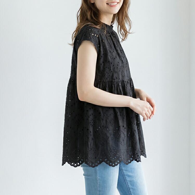 ブラウス レディース 半袖 刺繍 カットワーク レース フレンチスリーブ