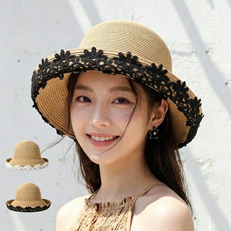 麦わら帽子 レディース ストローハット つば広ハット 花刺繍 ペーパー