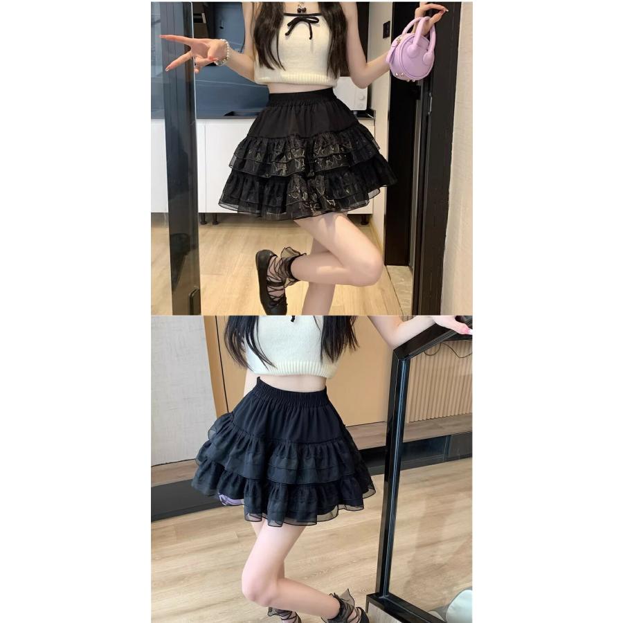 ミニスカート レディース ペチコート風 レースフリル ティアード