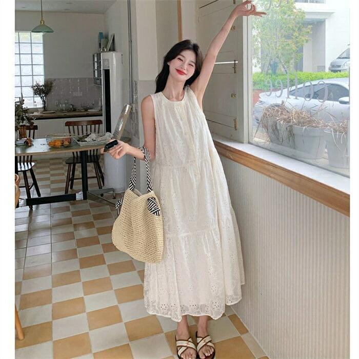 ワンピース レディース 夏 ノースリーブ ロング Aライン 透かし彫り
