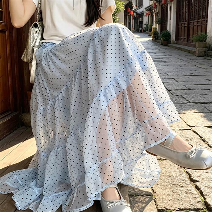 ロングスカート レディース 夏 ドット柄 水玉 ハイウエスト ミモレ丈