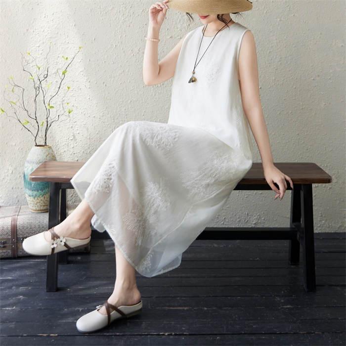 レディース ロングワンピース 春夏 マキシ丈 ノースリーブ Aライン