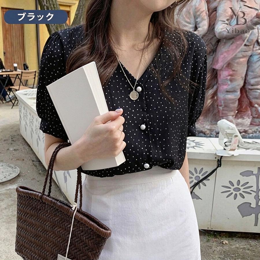レディース 春夏 半袖ブラウス 水玉柄 ドット Vネック シフォン素材