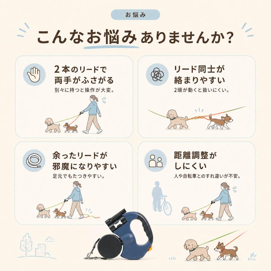 犬用 2頭引き伸縮リード 自動巻き取り式 ダブルリード 伸縮リード