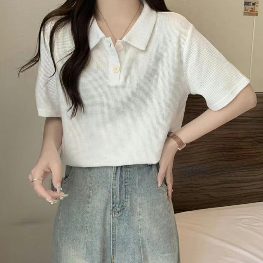  レディース　ワッフル　ニット　ポロシャツ　半袖　Tシャツ　ホワイト ポロシャツ レディース ワッフルtシャツ 半袖 きれいめ 上品見え