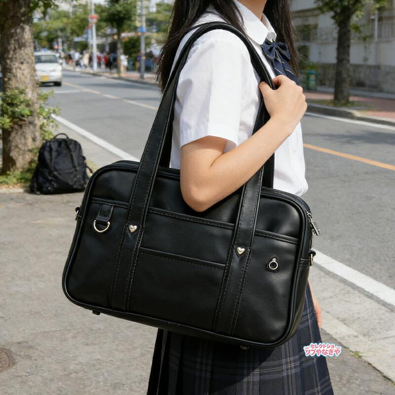 高校生女子 PU 製スクールバッグ ブラック / ブルー 2 色展開 S/M