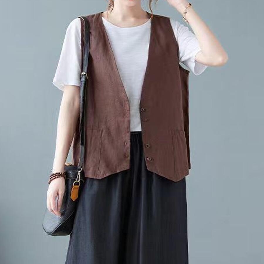 ベスト レディース 夏ジレ 前開き 綿麻風 薄手 綿麻ベスト 夏