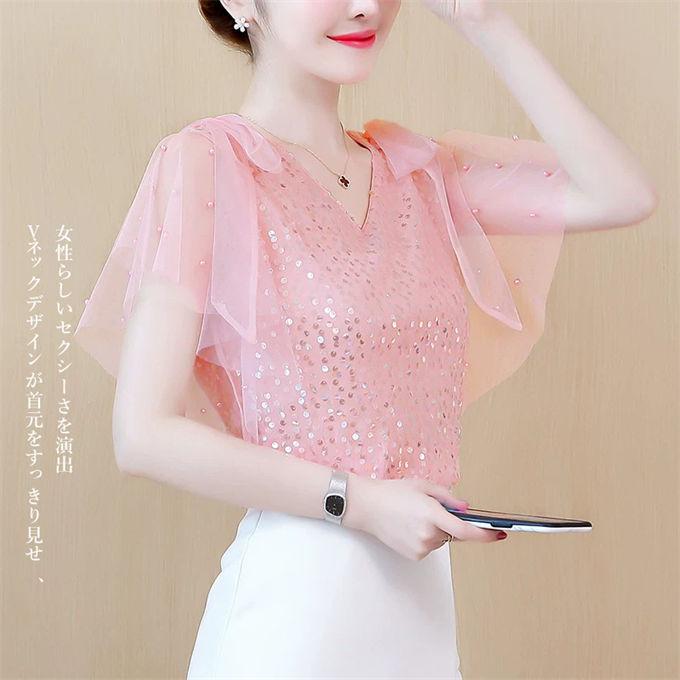 シフォンブラウス レディース スパンコールトップス 半袖 Vネック