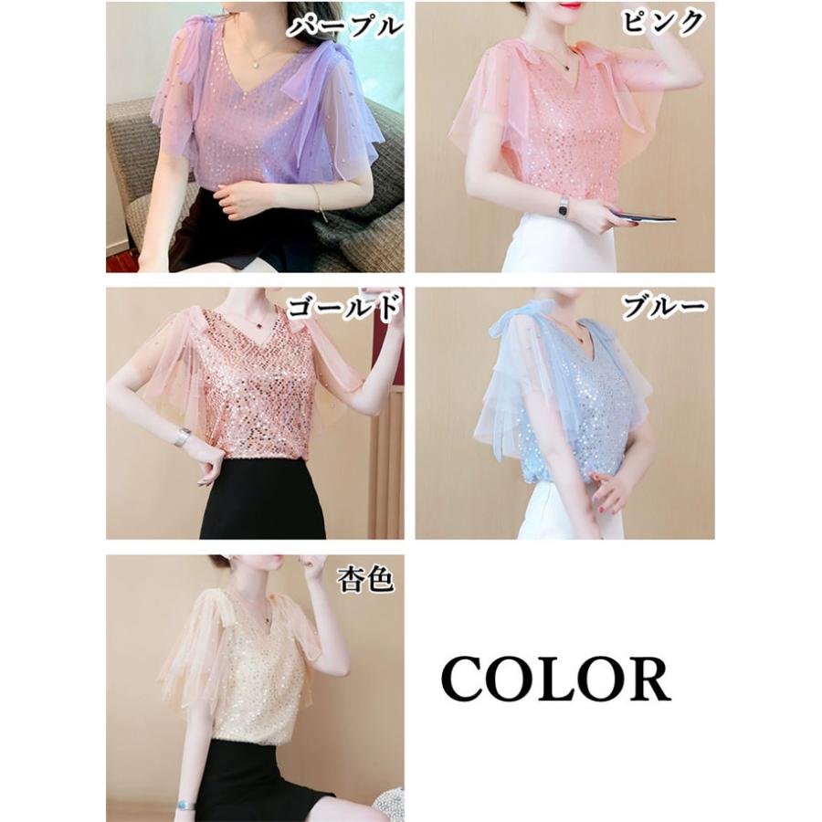 シフォンブラウス レディース スパンコールトップス 半袖 Vネック