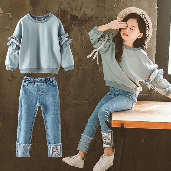 マーケット 子供服 セットアップ 女の子 長袖 春秋 秋着 上下セット 韓国子供服 キッズ ジュニア Tシャツ デニムパンツ 長ズボン 可愛い おしゃれ 小学生 通学着 新品 Dprd Jatimprov Go Id