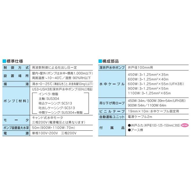 川本ポンプ　UF3-900　カワエースディーパー深井戸水中ポンプ（900W・三相200V・50　60Hz共用)