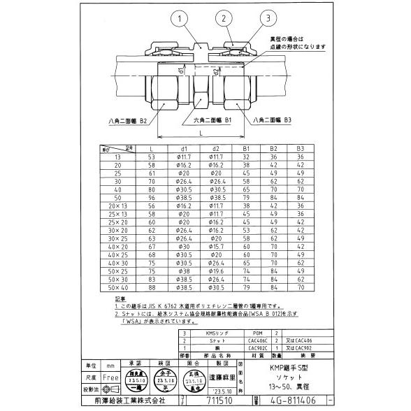 前澤給装工業 KMP継手 S型 ソケット 製品コード：711510-13-Y