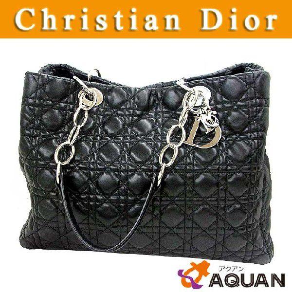 大特価セール!　Christian　Dior　クリスチャンディオール　レディーディオール　チェーンショルダー　カナージュ　トート　ラムスキン　シルバー×ブラック｜aquankyoya