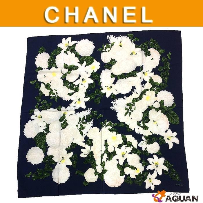 シャネル CHANEL スカーフ カメリア ユリ 花柄 フラワー シルク100% ネイビー系 :7922:ブランド&着物館アクアン京や