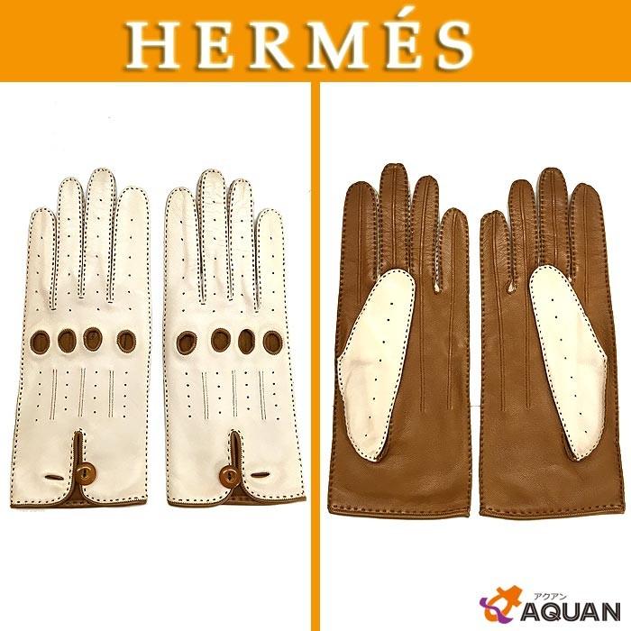 HERMES エルメス グローブ ドライビンググローブ 手袋 ラムスキン レザー レディース オフホワイト×キャメル 表記サイズ7 未使用