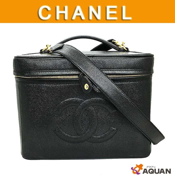 大特価セール！　CHANEL　シャネル　メイクボックス　バニティ　ハンドバッグ　ショルダーストラップ付き　 キャビアスキン　ブラック　ココマーク　送料込み｜aquankyoya